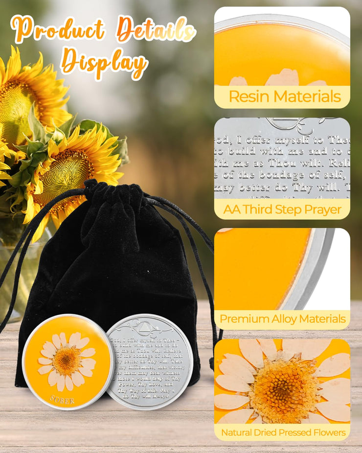 Real Dried Pressed Flowers Handmade Daisy Resin Sobriety Coin