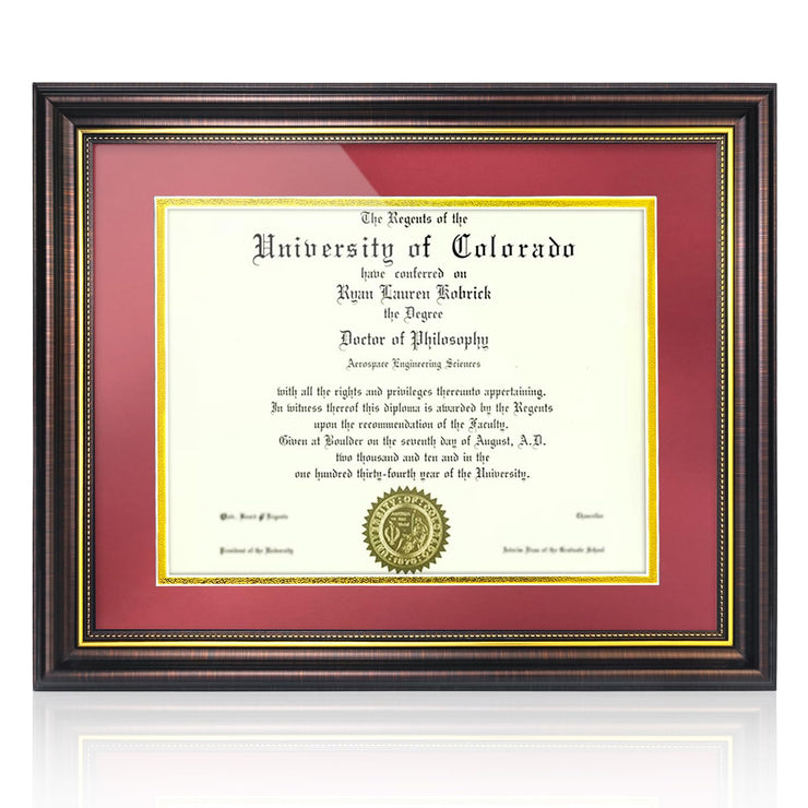 Red Brown Finish Document Degree Frame with Gold Beads HD Plexiglass Certificate Frame
