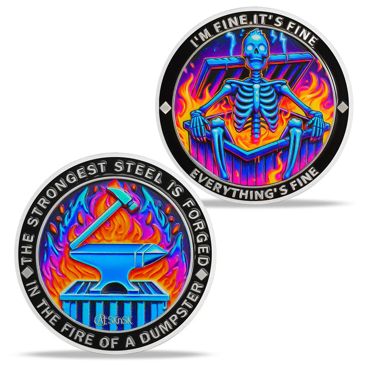 Gradient Skeleton Dumpster Fire Challenge Coin