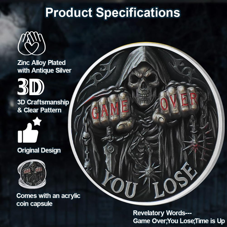 Game Over, You Lose-Time is Up Memento Mori Skull Challenge Coin