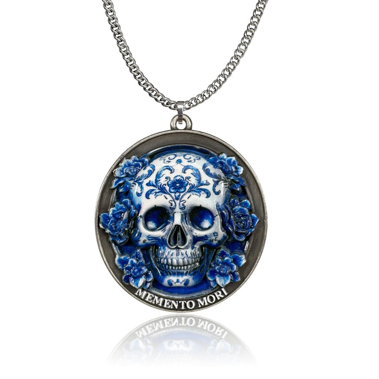 Memento Mori Skeleton Necklace with Blue White Porcelain Skull