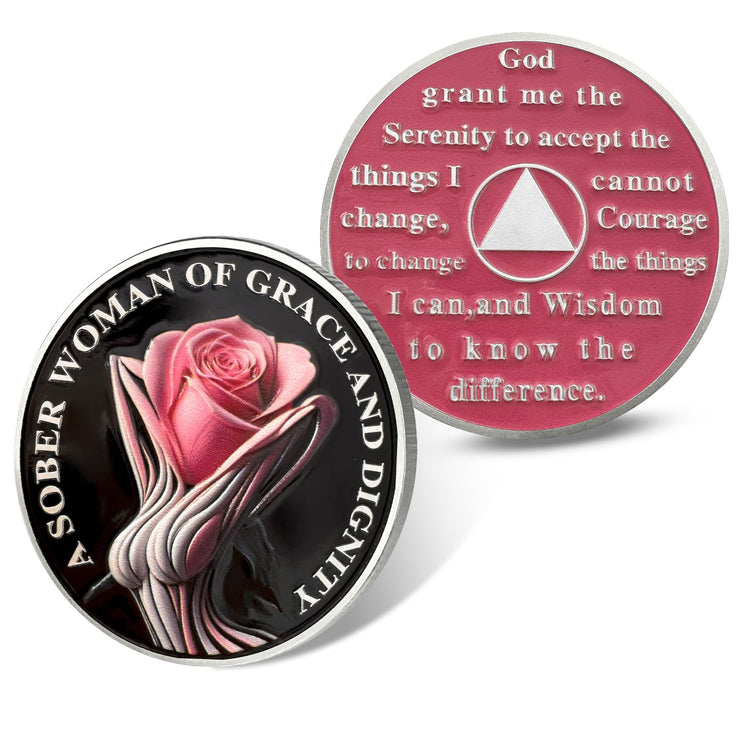 Rose AA Affirmation Sobriety Coins with Serenity Prayer