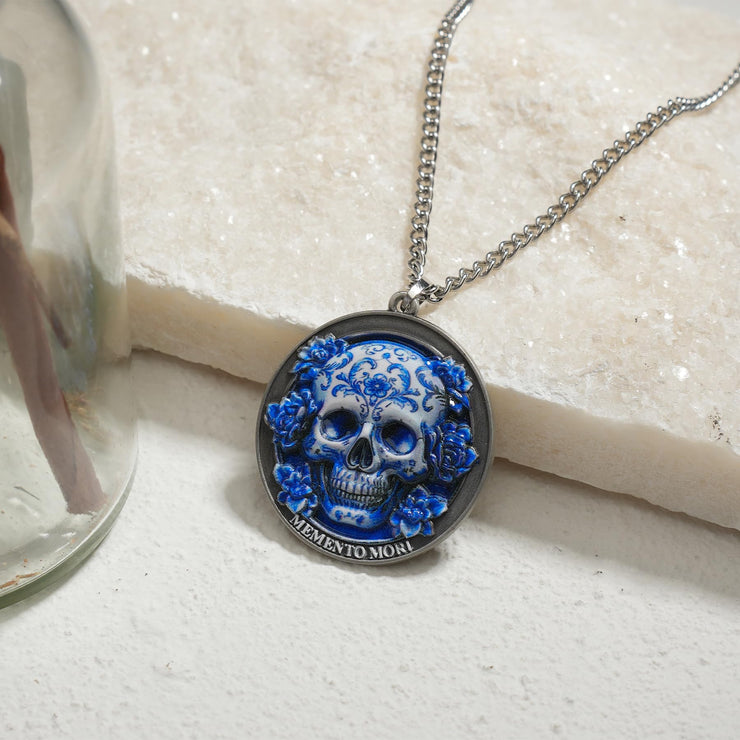 Memento Mori Skeleton Necklace with Blue White Porcelain Skull