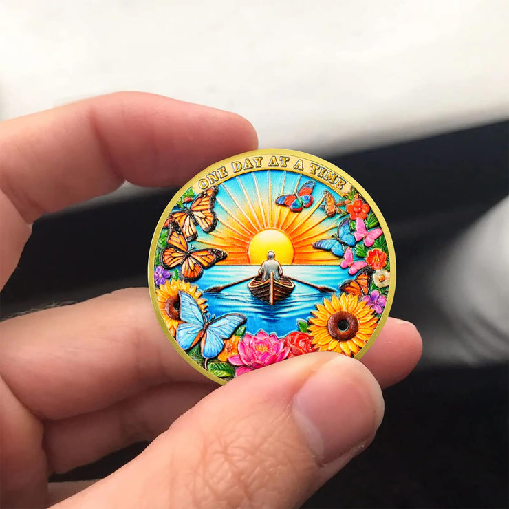 Flower Butterfly and Rising Sun Sobriety Coin