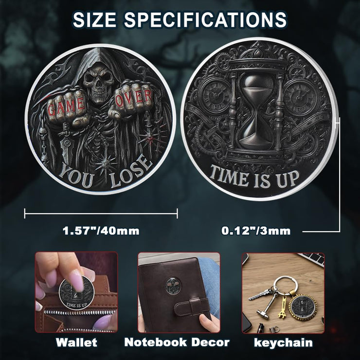 Game Over, You Lose-Time is Up Memento Mori Skull Challenge Coin