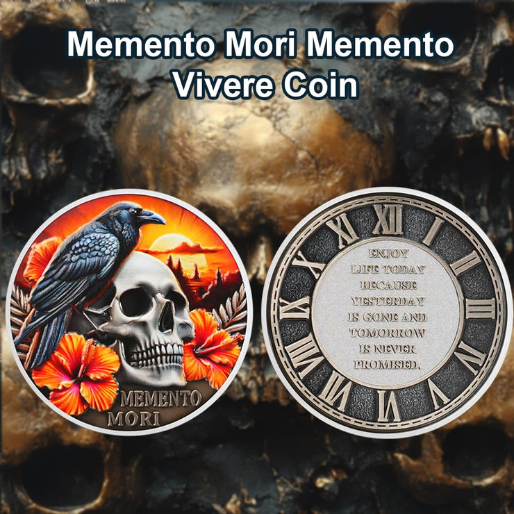EDC Stoic Reminder Token Sunset & Floral Backgroind Inspiring Life & Death Stoicism Memento Mori Skull Challenge Coins