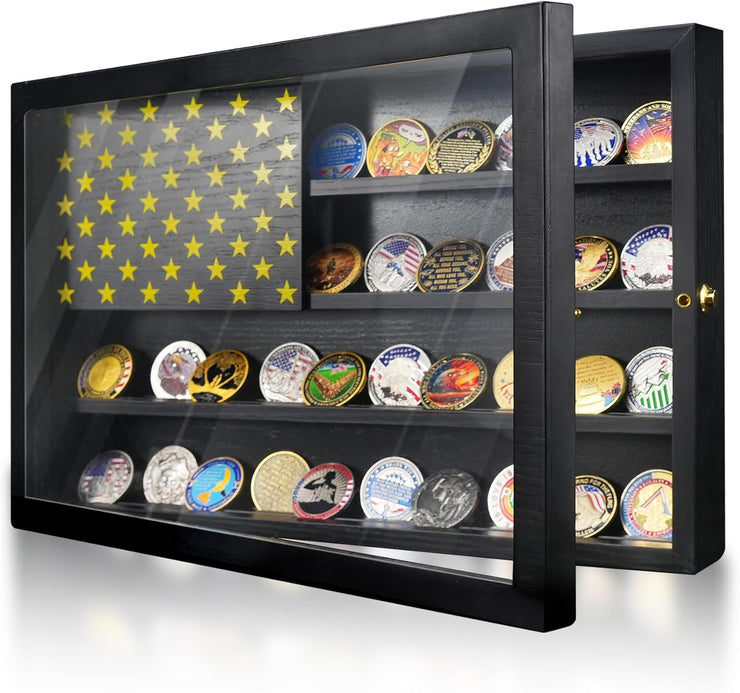 Anti-Fade Acrylic Door / Wooden Wall Mounted Coin Display Stand with Magnetic American Flag Holds 64-73 Coins