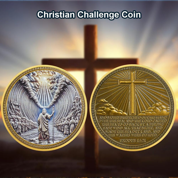 RYUKENLM Moses Parting The Red Sea Christian Challenge Coin Exodus 14:21 Verse Token Divine Power & Guidance Christian Gift for Men & Women Religious Keepsake