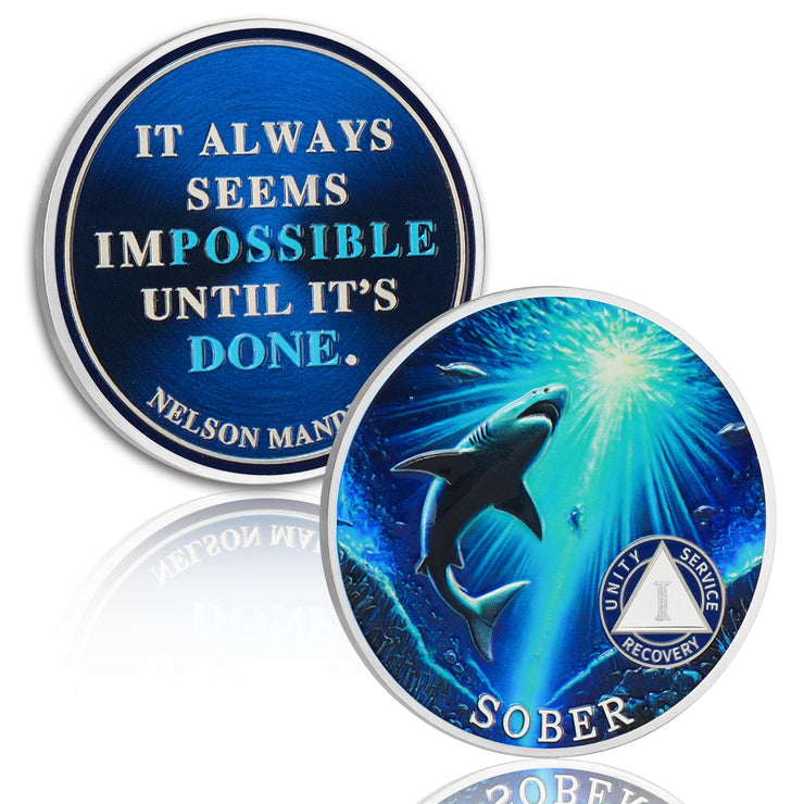 Personalized Mighty Shark  Swim to The Light  Sobriety Coin