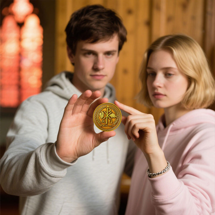 Chi Rho Christian Challenge Coin with John 14:1 Scripture