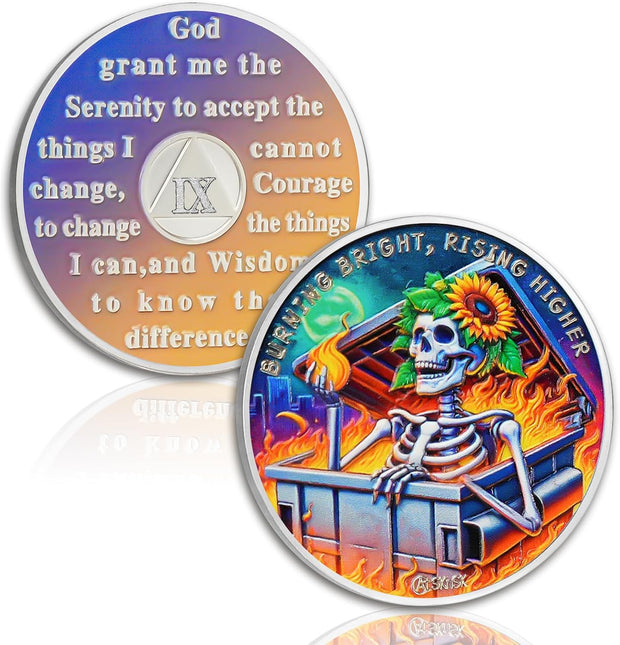 Reborn in Fire Sunflower Skeleton 1-10 Year Sobriety Coin