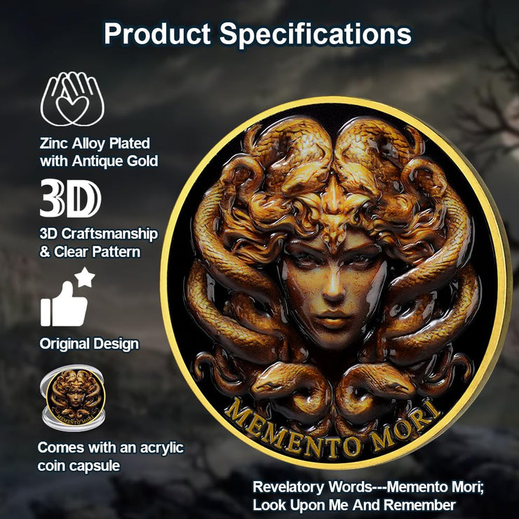 Medusa  Look Upon Me and Remember Memento Mori Skull Challenge Coin