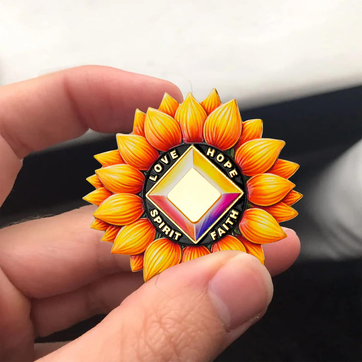 Personalized Sunflower Recovery Medallion Sobriety Coin with Serenity Message Love, Hope, Spirit & Faith Token Just for Today