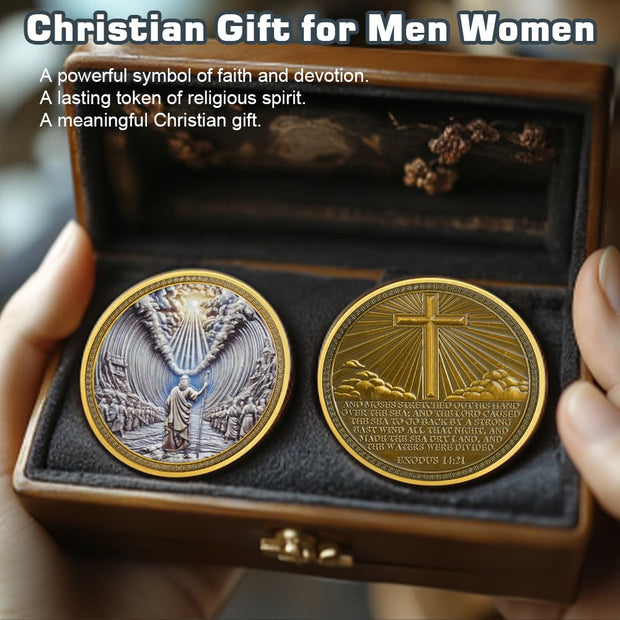 RYUKENLM Moses Parting The Red Sea Christian Challenge Coin Exodus 14:21 Verse Token Divine Power & Guidance Christian Gift for Men & Women Religious Keepsake
