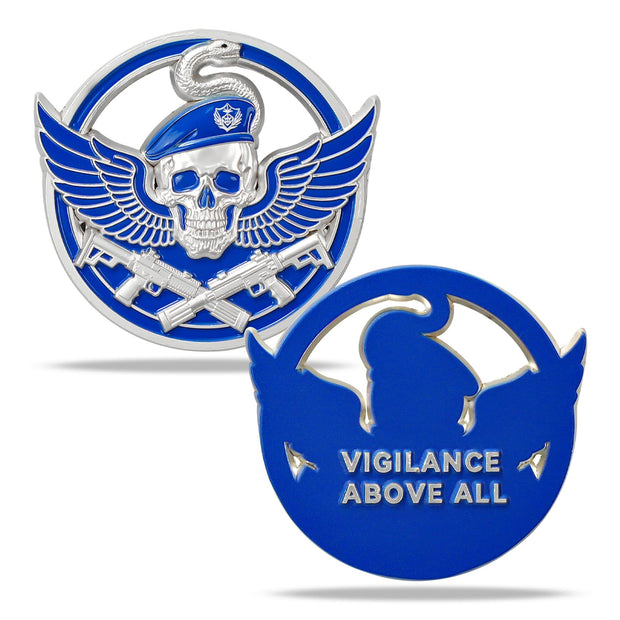 Wings of Vigilance Thin Blue Line Skull Police Challenge Coin