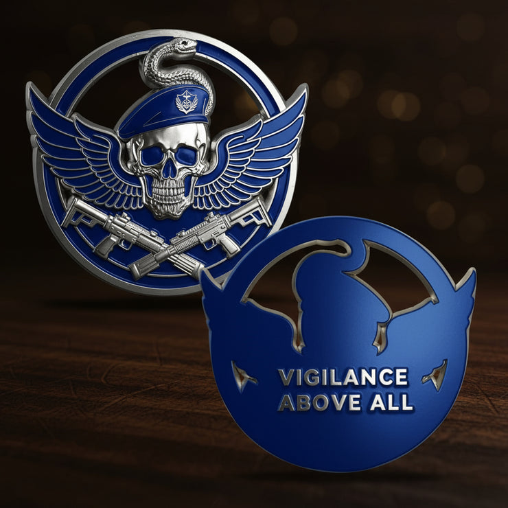 Wings of Vigilance Thin Blue Line Skull Police Challenge Coin