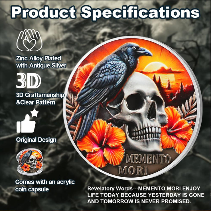 EDC Stoic Reminder Token Sunset & Floral Backgroind Inspiring Life & Death Stoicism Memento Mori Skull Challenge Coins