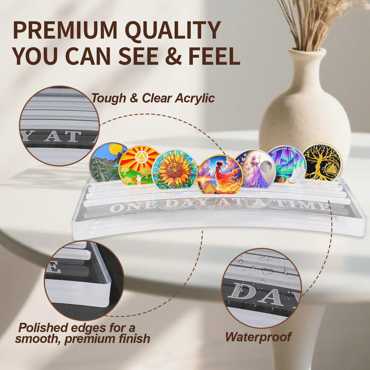 One Day at A Time Sobriety Coin Holder Display Case Holds 20 Sober Recovery Chip