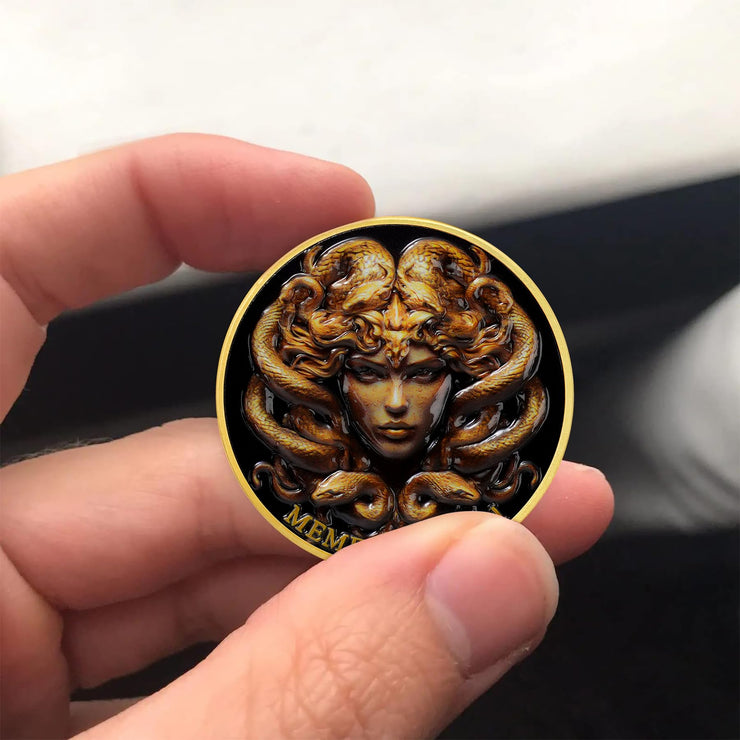 Medusa  Look Upon Me and Remember Memento Mori Skull Challenge Coin