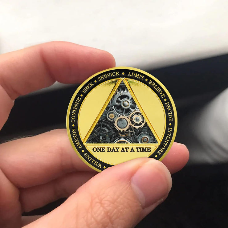 Clock & Gear Design 12 Steps Sobriety Coin