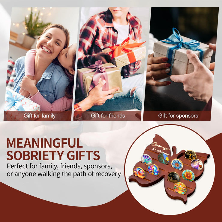 Solid Wood Sobriety Coin Holder Display Case with Courage to Change Design