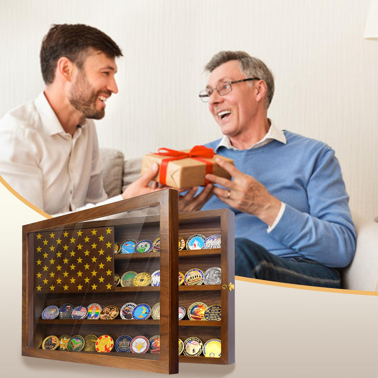 Anti-Fade Acrylic Door / Wooden Wall Mounted Coin Display Stand with Magnetic American Flag Holds 64-73 Coins
