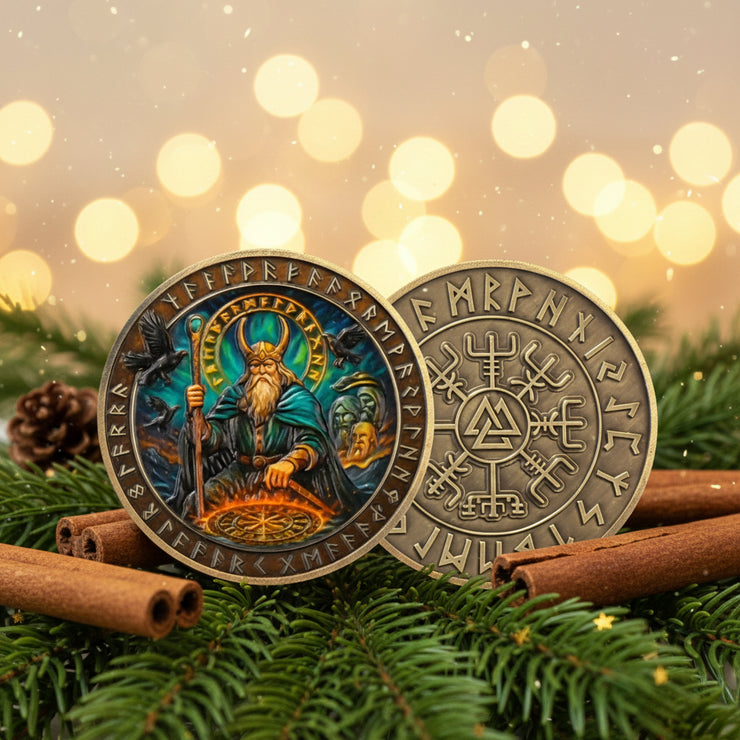 Viking Rune Coin Featuring Odin and Sacred Symbols
