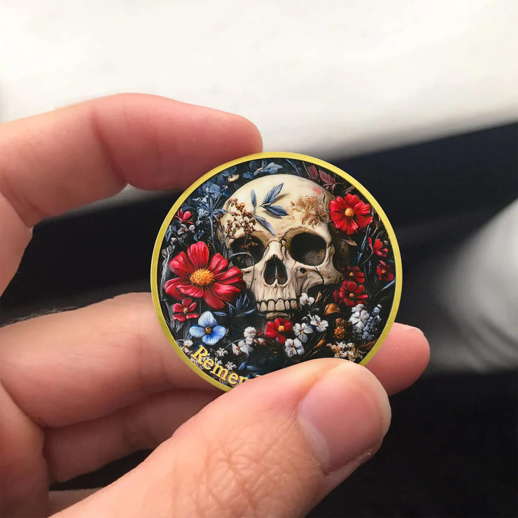 Remember Death with Flowers and Butterfly Memento Mori Skull Coin