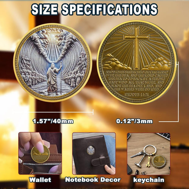 RYUKENLM Moses Parting The Red Sea Christian Challenge Coin Exodus 14:21 Verse Token Divine Power & Guidance Christian Gift for Men & Women Religious Keepsake