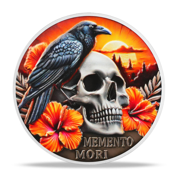 EDC Stoic Reminder Token Sunset & Floral Backgroind Inspiring Life & Death Stoicism Memento Mori Skull Challenge Coins