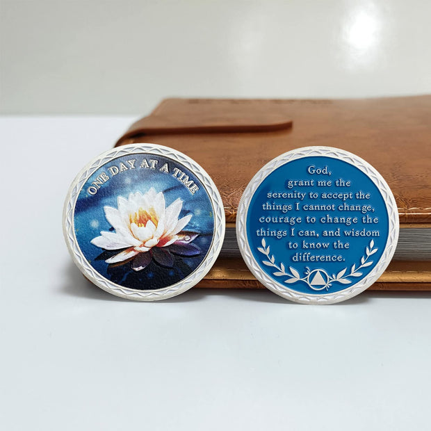 Lotus AA Sobriety Chip One Day at a Time Recovery Coin