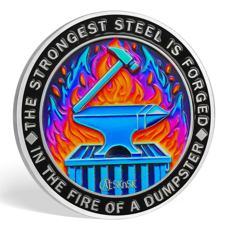 Gradient Skeleton Dumpster Fire Challenge Coin
