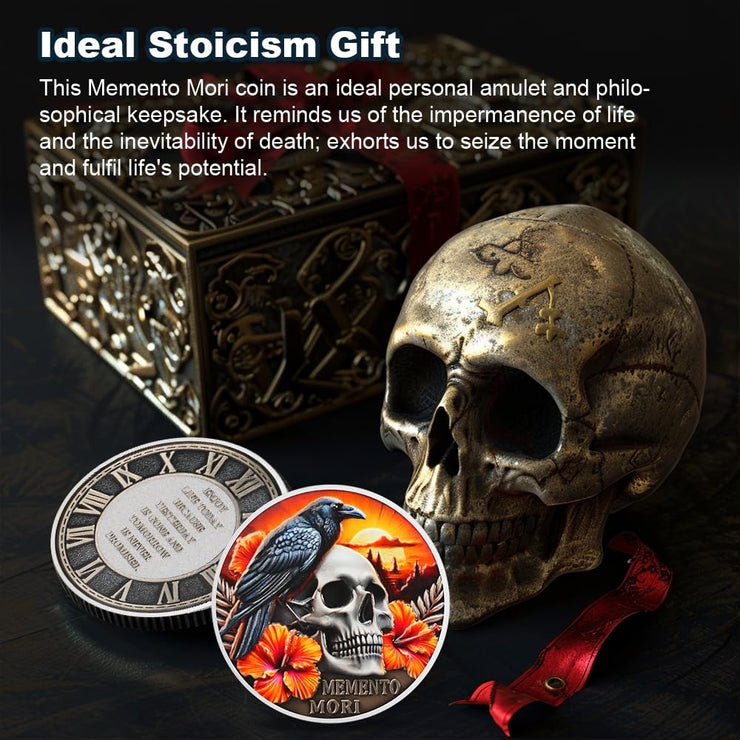 EDC Stoic Reminder Token Sunset & Floral Backgroind Inspiring Life & Death Stoicism Memento Mori Skull Challenge Coins