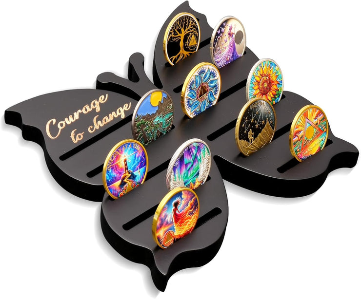Solid Wood Sobriety Coin Holder Display Case with Courage to Change Design