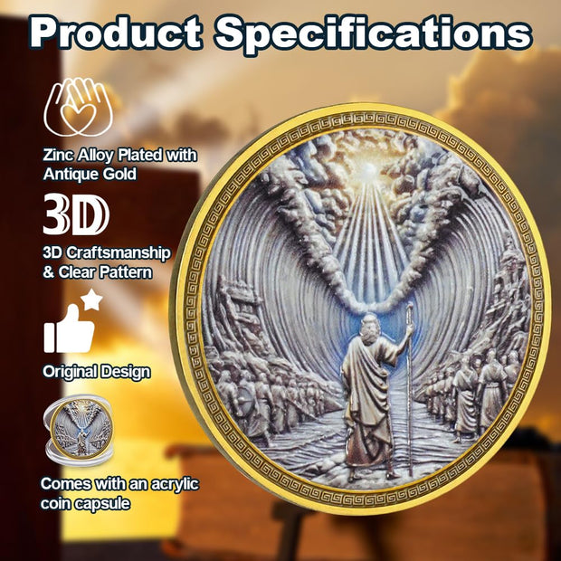 RYUKENLM Moses Parting The Red Sea Christian Challenge Coin Exodus 14:21 Verse Token Divine Power & Guidance Christian Gift for Men & Women Religious Keepsake