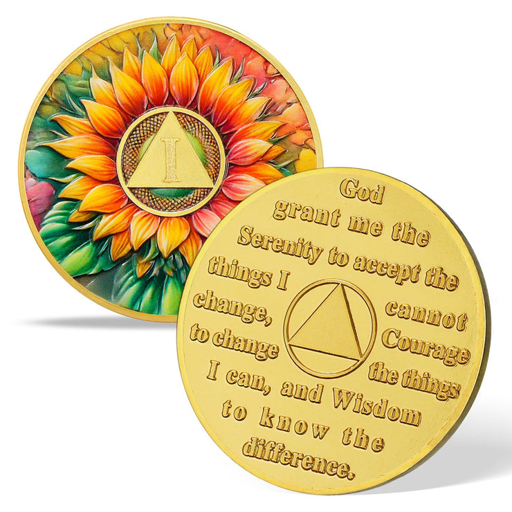 Personalized Sunflower Serenity Prayer Sobriety Coin Challenge Coin