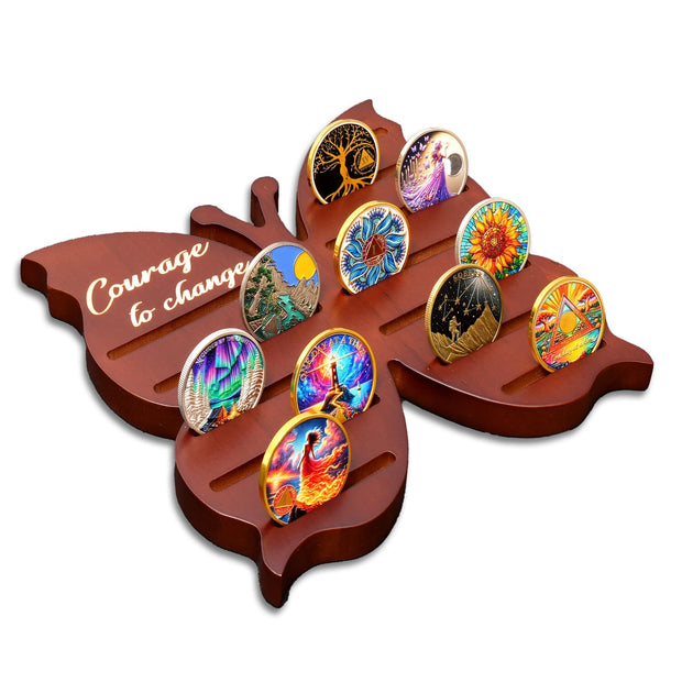 Solid Wood Sobriety Coin Holder Display Case with Courage to Change Design