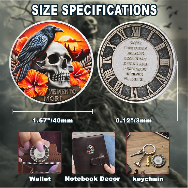 EDC Stoic Reminder Token Sunset & Floral Backgroind Inspiring Life & Death Stoicism Memento Mori Skull Challenge Coins