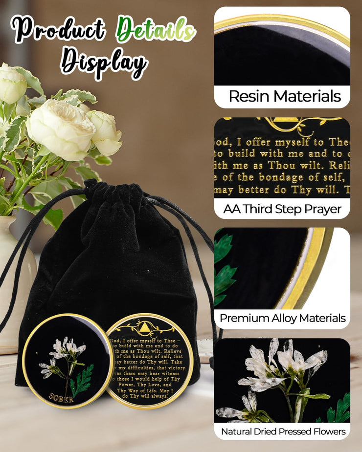 Real Dried Pressed Flowers Handmade Snowdrop Resin Sobriety Coin