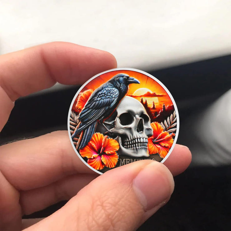 EDC Stoic Reminder Token Sunset & Floral Backgroind Inspiring Life & Death Stoicism Memento Mori Skull Challenge Coins