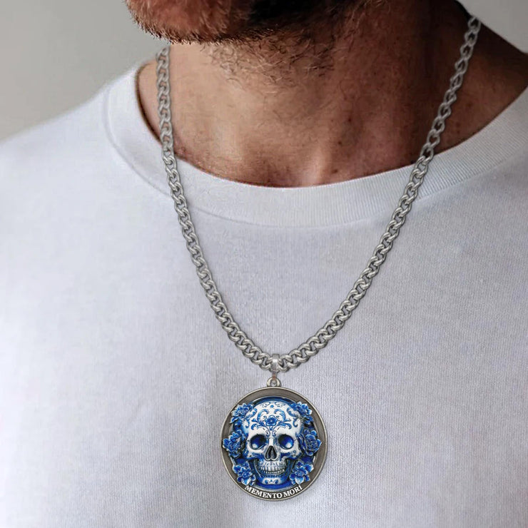 Memento Mori Skeleton Necklace with Blue White Porcelain Skull