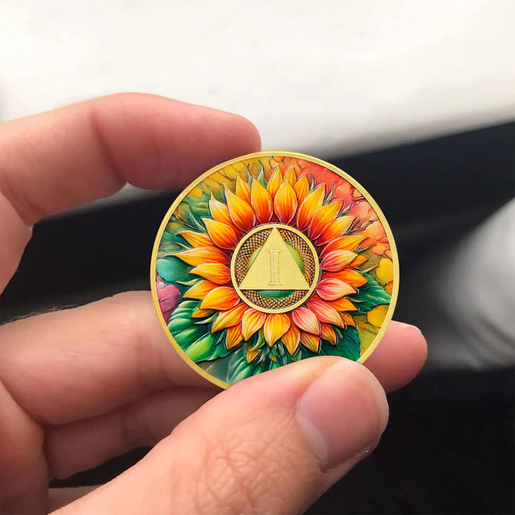 Personalized Sunflower Serenity Prayer Sobriety Coin Challenge Coin