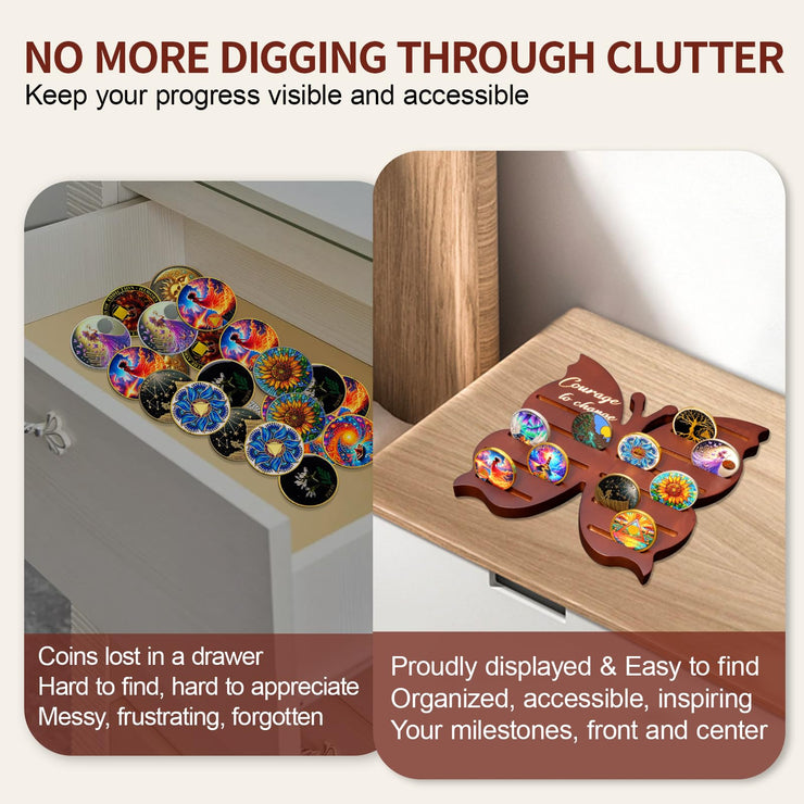 Solid Wood Sobriety Coin Holder Display Case with Courage to Change Design
