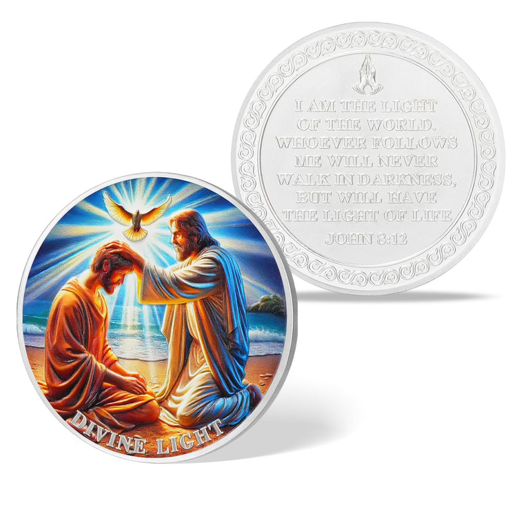Divine Light Religious Coin Jesus Blessing Faithful with Dove & Light Symbo