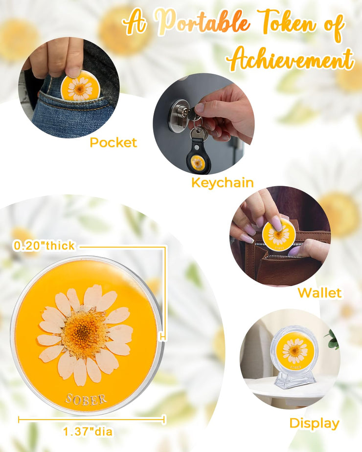 Real Dried Pressed Flowers Handmade Daisy Resin Sobriety Coin