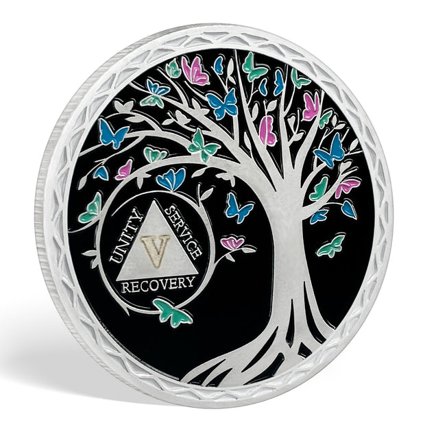 Butterfly Tree 1 Year Recovery Sobriety Coin 3D Sliver AA Medallion Chip