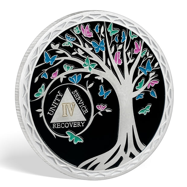 Butterfly Tree 1 Year Recovery Sobriety Coin 3D Sliver AA Medallion Chip