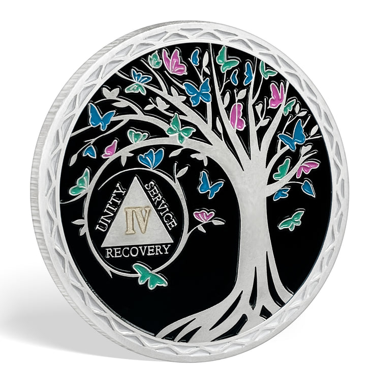 Personalized Butterfly Tree Recovery Sobriety Coin 3D Sliver AA Medallion Chip
