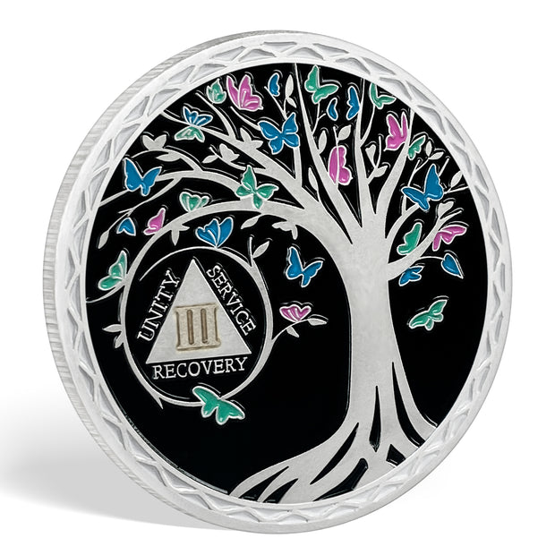 Butterfly Tree 1 Year Recovery Sobriety Coin 3D Sliver AA Medallion Chip