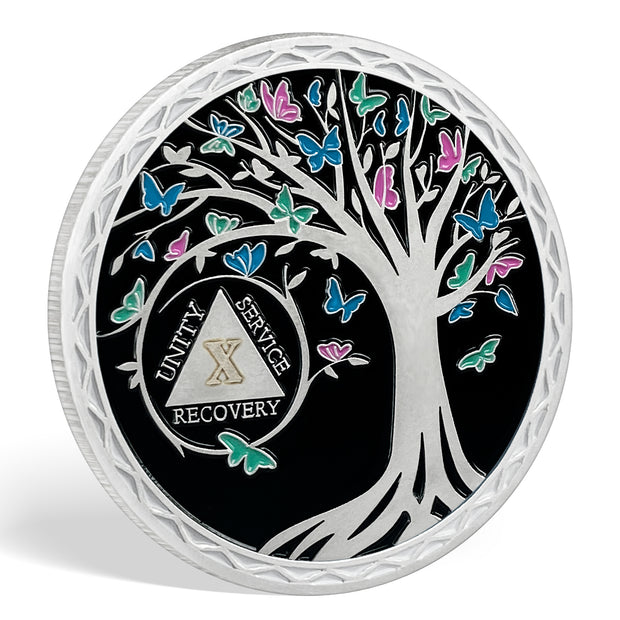 Butterfly Tree 1 Year Recovery Sobriety Coin 3D Sliver AA Medallion Chip